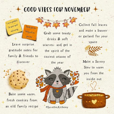 ✨Good Vibes for November ✨ Here are some practical ways to get into full Autumn mode 🧡🧡 . . . . #cozyart #cozyautumn #novembervibes… | Instagram November Images, Autumn Hygge, Gratitude Notes, Fall Mood Board, Fall Faves, How To Make Banners, Fun Fall Activities, Autumn Illustration, Fall Bucket List