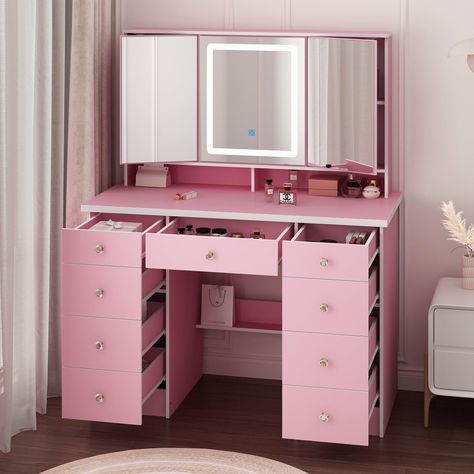 Cute Room With Vanity, Rainbow Vanity, Pink Vanity Aesthetic, Vanity Desk Organization, Pink Night Stand, Pink Makeup Room, Kawaii Vanity, Vanity Cheap, Pink Mirrors