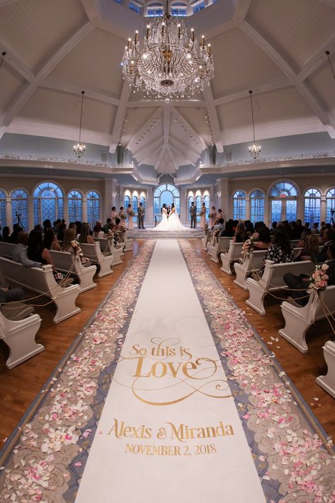 Custom aisle runner and scattered pink rose petal aisle decor at Disney's Wedding Pavilion Disney World Wedding Ideas, Epcot Wedding, Nutcracker Diorama, Disney Wedding Ideas, Cinderella Wedding Theme, Disney Proposal, Disney Wedding Venue, Wedding Pavilion, Wedding Budget Breakdown