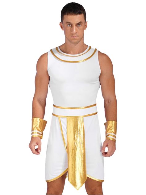 PRICES MAY VARY. Made of high quality fabric, soft, breathable, comfy to touch, the outfit will give you a comfortable wearing experience Ancient Egypt dress for men, contrast color, metallic shiny front drape, asymmetrical hem design. Match with a pair of cuffs Round neck sleeveless dress is designed with invisible zipper closure and the cuffs with press button, easy to put on and take off This Ancient Egypt role-playing outfit will create the festival atmosphere well and make you the focus of Best Mens Costumes, Ancient Greek Costumes, Egypt Dress, Greek God Costume, Pharaoh Costume, Toga Costume, Festival Atmosphere, Roman Costume, Fancy Dress Ball