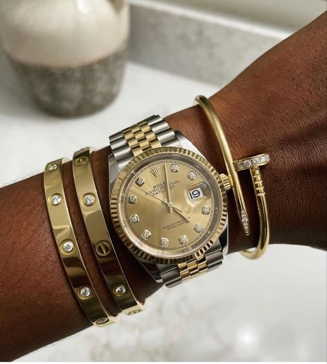 Gold Rolex Aesthetic, Rolex Black Women, Women’s Rolex Stack, Rolex And Cartier Bracelet, Gold Rolex Women Aesthetic, Woman’s Rolex Watch, Cartier Watch Black Women, All Gold Rolex Women, Women’s Rolex Aesthetic