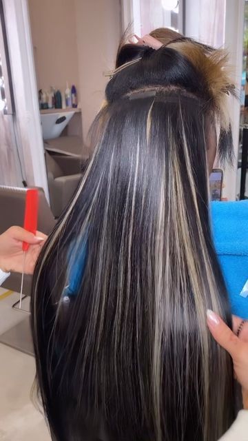 Blond Extensions On Black Hair, Highlighted Tape In Extensions, Black And Blonde Tape Ins, Faux Highlight Tape Ins, Highlights Tape Ins, Highlights With Tape In Extensions, Tape In With Highlights, Highlight Tape In Extensions, Tape In Highlight Extensions