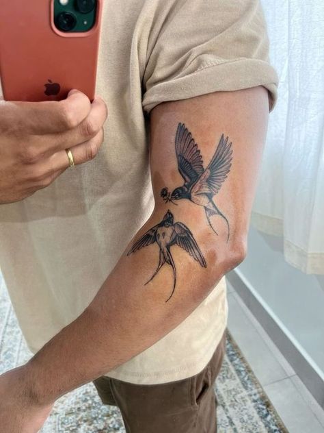 Men Sparrow Tattoo, Tattoos To Represent Brothers, Matching Sparrow Tattoos, Bicep Shoulder Tattoo, Birds Arm Tattoo, Cool Guy Tattoos, Mens Bird Tattoo, Bird Tattoos Men, Significant Other Tattoos