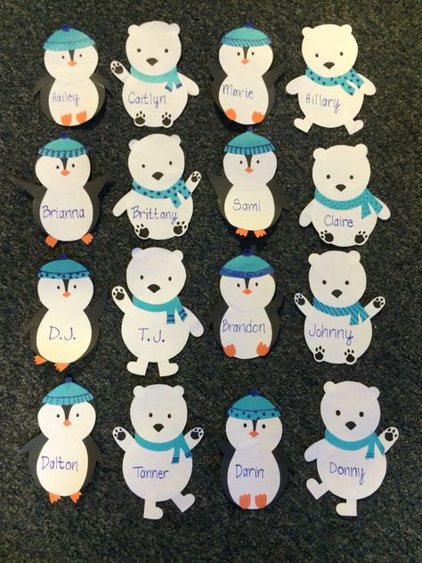 Polar bear & penguin winter door decs Daycare Cubbies Name Tags, Winter Cubby Tags Preschool, Winter Name Tags For Cubbies, Penguin Name Tags, Ra Christmas Door Decs, Christmas Cubby Tags, Winter Door Tags Ra, Polar Bear Classroom Door, Winter Door Tags