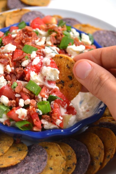 Wedge Salad Dip is the perfect party appetizer filled with crumbled blue cheese, romaine lettuce, tomatoes, bacon, green onions and a homemade Greek yogurt ranch dip! www.nutritionistreviews.com Yogurt Ranch Dip, Greek Yogurt Ranch Dip, Gluten Free Dairy Free Dinner, Salad Dip, Yogurt Ranch, Greek Yogurt Ranch, Homemade Greek Yogurt, Wedge Salad, Dairy Free Dinner