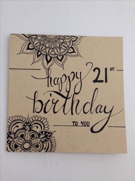 Birthday Card Hand Lettering Mandala 21st Mandala Art Birthday Card, Happy Birthday Mandala Art, Happy Birthday Mandala, Diy 21st Birthday Cards, Papa Birthday Card, Happy 21st Birthday Cards, Happy 36th Birthday, 36th Birthday, Birthday Card Drawing