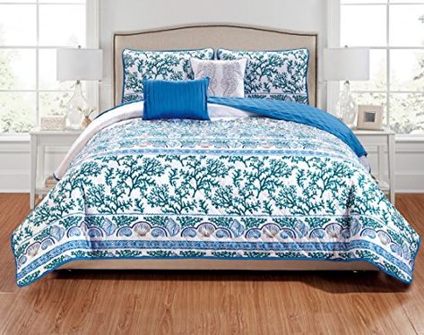 RT Designers Collection Caspian 5-Piece Quilt Set, King, White/Blue/Teal/Gray Best Quilted Comforter, Set USA Navy Blue Bedding, Linen Bedding Natural, Bed Cover Sets, Queen Bedspread, White King, California King Bedding, Floral Bedding, Over Size, Bedspread Set