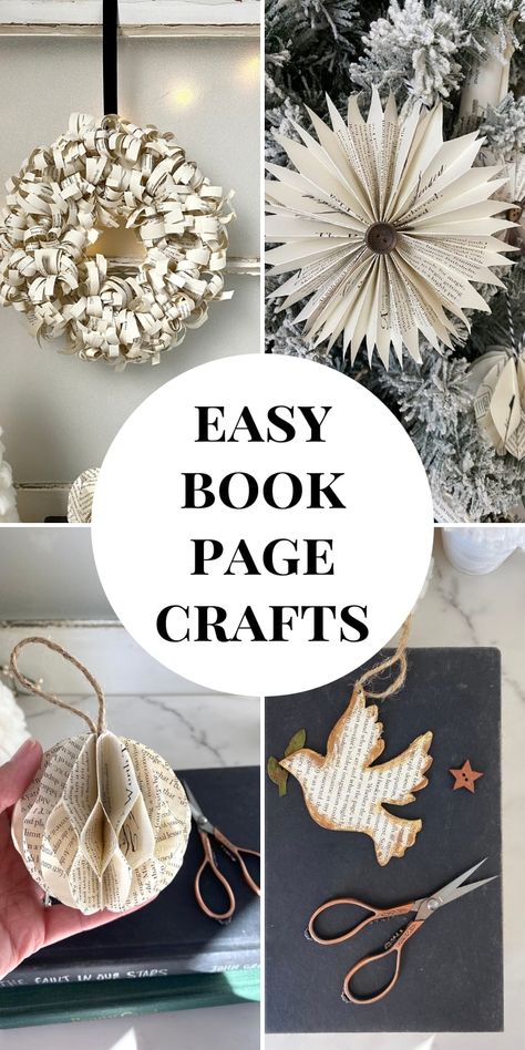 Make these easy crafts with book pages. Use upcycled books to make DIY ornaments, wreaths and home decor. Tutorials included! Old Books Repurposed Diy Crafts, Use Books As Decor, School Craft Club Ideas, Crafts With Old Books Pages, Crafts From Old Books Diy Projects, Old Books Crafts Diy, Old Paper Christmas Decorations, Things To Make With Old Books, Crafts Out Of Old Books