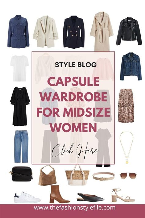 Capsule wardrobe for midsize women #midsizefashion #styleblog #outfitideas Midsize Outfits Fall, Midsize Fashion Fall, Midsize Women, Midsize Fall Outfits, Plus Size Capsule Wardrobe, Mid Size Outfits, Classic Capsule Wardrobe, Capsule Wardrobe Work, Capsule Wardrobe Essentials