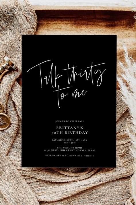 Talk Thirty to Me Chic Modern 30th Birthday Invitation! #birthday #happybirthday #birthdaycards #birthdayparty #thirties #thirtybirthday #elegant 30th Bday Invitation Ideas, 30th Birthday Ideas For Women Invitation, Tying Up My Twenties Birthday, 30th Bday Invitations, Talk Thirty To Me Invitation, 30th Birthday Aesthetic For Women, Black Tie 30th Birthday Party, 30th Birthday Black Theme, 30th Invitation Ideas