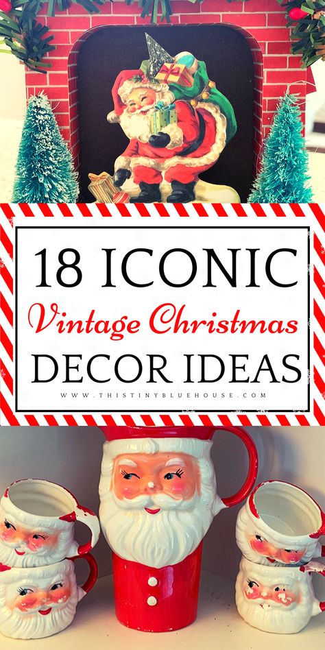 Add a sense of nostalgia  to your holiday decor with these vintage Christmas decor ideas. From adorable Santa mugs to retro bubble lights, these retro Holiday decor ideas are a fun trip down memory lane of Christmases past. #vintagechristmas #vintagechristmasdecoartions #vintagechristmasdecorating #retrochristmas #retrochristmasdecorations #retrochristmasvintage Retro Christmas Mantle Ideas, Nostalgic Christmas Decor Ideas, Retro Vintage Christmas Decor, Vintage Christmas Gifts Ideas, Vintage 50s Christmas Decor, Vintage Holiday Decor 1950s Christmas, Old Christmas Traditions, Vintage Christmas Ceramics, Vintage Christmas Dishes