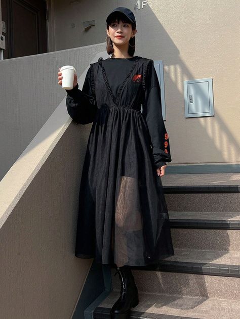 Black Casual Collar Long Sleeve Mesh Fabric Letter A Line Embellished Slight Stretch  Women Clothing Goth Casual Dress, Layered Dress Aesthetic, Layered Black Outfit, Dramatic Street Style, Summer Goth Fashion, Nonbinary Style, Mesh Dress Outfit, Wednesday Fashion, Dark Feminine Style