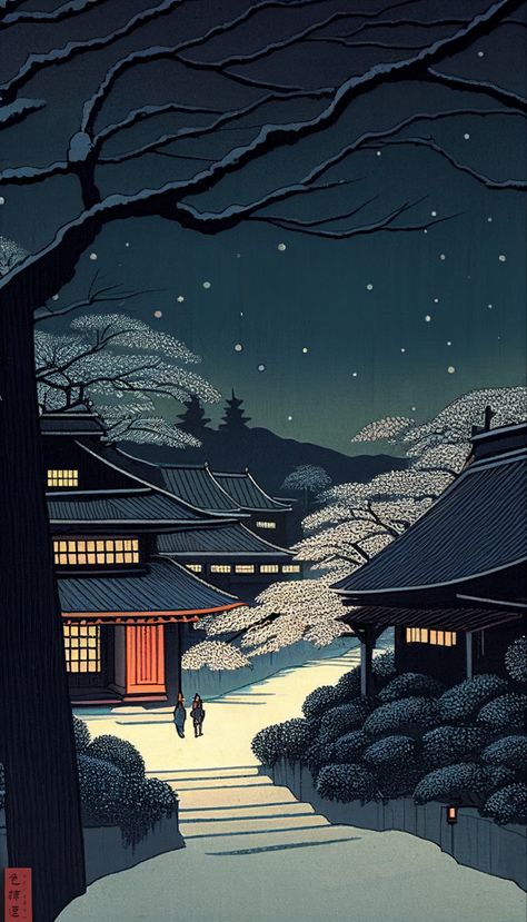 Old Japanese Art, Village At Night, Illustration Traditional, Japanese Village, Japanese History, Japanese Illustration, Japanese Architecture, Japanese Aesthetic, Japanese Painting