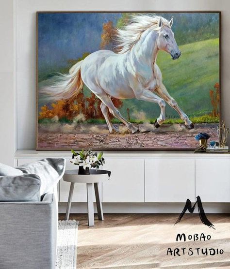 White Horse Painting, Large Wall Art Living Room, Horse Canvas Painting, Horse Oil Painting, Painting Horse, Painted Horses, Large Oil Painting, Grand Art Mural, Horse Wall Art