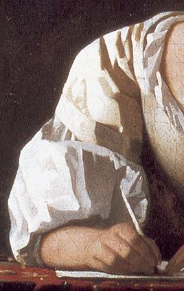 Details: Vermeer's Painting Technique Lady Writing a Letter With Her Maid (national Gallery of Ireland, Dublin) National Gallery Of Ireland, Jan Vermeer, Vermeer Paintings, Woman Writing, Writing Painting, Writing A Letter, Ireland Dublin, Women Writing, Johannes Vermeer