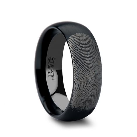 F863-DBBT. Fingerprint Engraved Domed Black Tungsten Ring with Brushed Finish - 4mm - 12mm Black Tungsten Wedding Band, Fingerprint Ring, Tungsten Jewelry, Black Tungsten Rings, Tungsten Carbide Wedding Bands, Tungsten Wedding Rings, Fingerprint Jewelry, Black Tungsten, Tungsten Carbide Rings