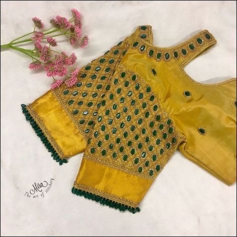 Bead Work Blouse, Yellow Blouse Designs, Simple Aari Work Blouse Design, Simple Aari Work Blouse, Simple Aari Work, Aari Work Blouse Design, Green Blouse Designs, Blouse Maggam Work, Blouse Simple