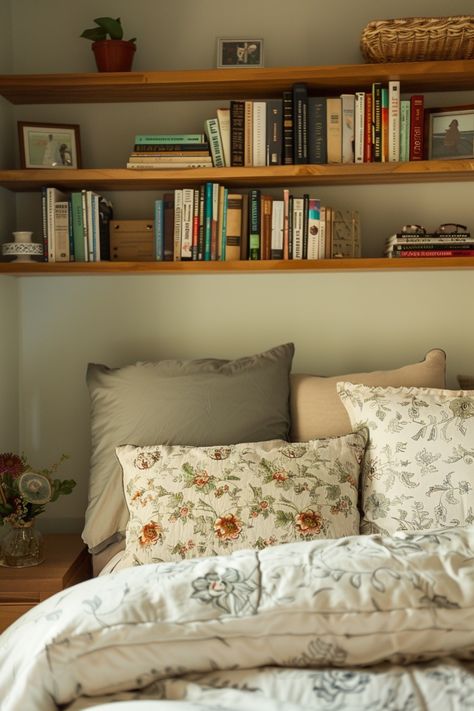 Cozy bedroom with a bookshelf above the bed, decorated with throw pillows and floral bedspread. Space Saving Shelves Bedroom, Wooden Shelves Bedroom Decor, Book Shelf Wall Bedroom, Room Shelving Ideas Bedrooms, Shelf Along Top Of Wall Bedroom, Shelves Books Wall, Wall Long Shelf, High Shelves Bedroom, Shelving In Bedroom Ideas