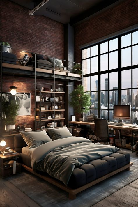 Bedroom Interior Industrial, Black And White Loft Apartment, Aesthetic Industrial Bedroom, Industrial Glam Bedroom Ideas, Master Bedrooms Industrial, Industrial Black Bedroom, Industrial Masculine Bedroom, Industrial Interiors Bedroom, Black And Wood Room Aesthetic