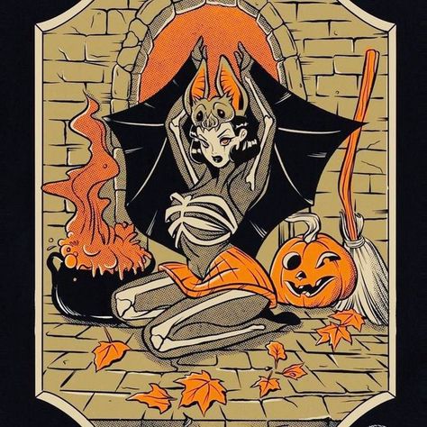 Vintage Halloween Illustration, Halloween Pin Up, Vintage Halloween Art, Traditional Tattoo Designs, Spooky Art, Fresh Brand, Halloween Queen, Screen Print Poster, Halloween Artwork