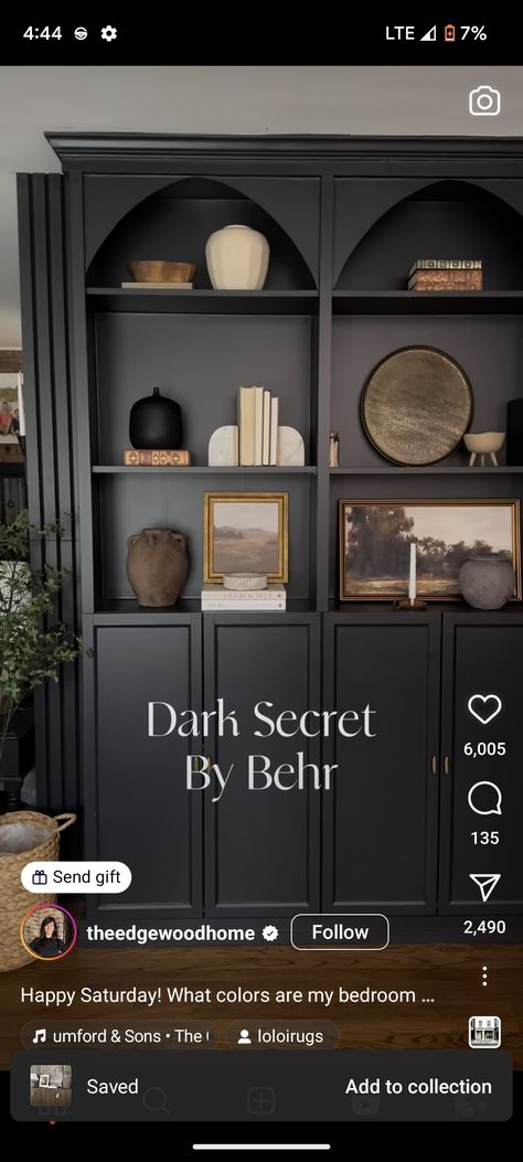 Behr Dark Paint Colors, Behr Dark Secret, Dark Secret Behr Paint, Moody Behr Paint Colors, Behr Moody Paint Colors, Dark Built Ins Living Room, Old House Design, Barndominium Interior, Dining Table Makeover