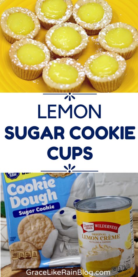 Lemon Sugar Cookie Cups are tasty little bites of sugar cookies that are filled with luscious lemon pie filling. Nobody will know that this easy recipe uses refrigerated sugar cookie dough and lemon pie filling. Your lemon-loving guests will approve of this semi-homemade lemon cookie recipe. Dessert Using Lemon Pie Filling, Lemon Desserts Cookies, Mini Lemon Bar Bites, Lemon Filled Desserts, Sugar Cookie Easter Ideas, Sugar Cookie Lemon Tarts, Cookie Cup Filling Ideas, Lemon Dip For Cookies, Uses For Pie Filling