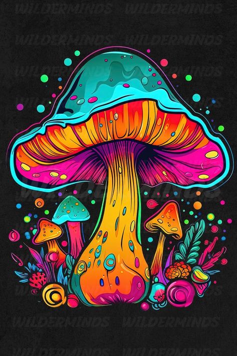 Drawing Of Mushrooms Trippy, Mushroom Illustration Trippy, Mushroom Art Hippie, Magic Mushroom Illustration, Trippy Graphic Design, Mushroom Drawing Hippie, Colorful Mushroom Art, Trippy Mushroom Painting, Mushroom Sublimation