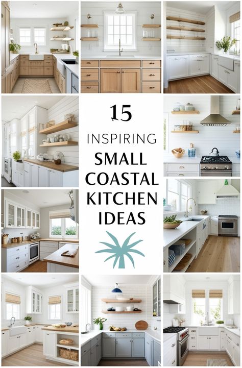 Upgrade your small coastal kitchen with stylish beach-style decor and space-saving solutions! Use a coastal color palette with blue and white cabinetry, driftwood finishes, and natural fiber rugs. Add pendant lighting, open shelving, and glass tile backsplashes for a breezy, ocean-inspired feel. Incorporate compact kitchen appliances, farmhouse sinks, and nautical hardware to complete the look. These coastal kitchen ideas bring fresh seaside charm! 🌊🏝️ Small Coastal Kitchen Ideas, Nautical Hardware, Color Palette With Blue, Small Coastal Kitchen, Compact Kitchen Appliances, Oak Kitchen Cabinet, Coastal Kitchen Ideas, Beach Style Decorating, White Oak Kitchen