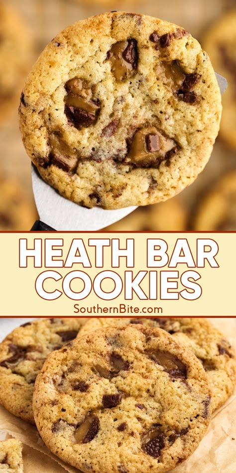 This Heath Bar Cookies recipe combines crunchy, buttery toffee with a classic cookie base, offering the perfect balance of sweet and salty. Simple to make, impossible to resist! Heath Bar Candy Recipe, Brown Butter Heath Cookies, Brown Butter Heath Bar Cookies, Salty Sweet Cookies, Heath Bar Cookies Recipe, Heath Chips Recipes, Heath Cookies Recipes Toffee Bits, Heath Cookies Recipes, Sallysbakingaddiction Cookies