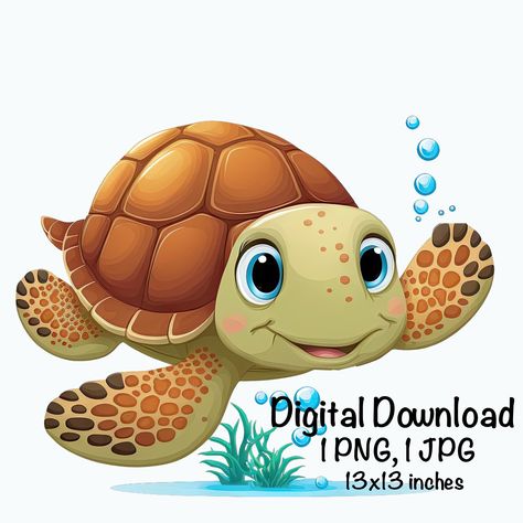 Turtle Printable, Sea Turtle Clipart, Turtle Cute, Turtle Clipart, Turtle Png, Cute Sea Turtle, Sea Turtle Wall Art, Animals Sea, Cartoon Turtle