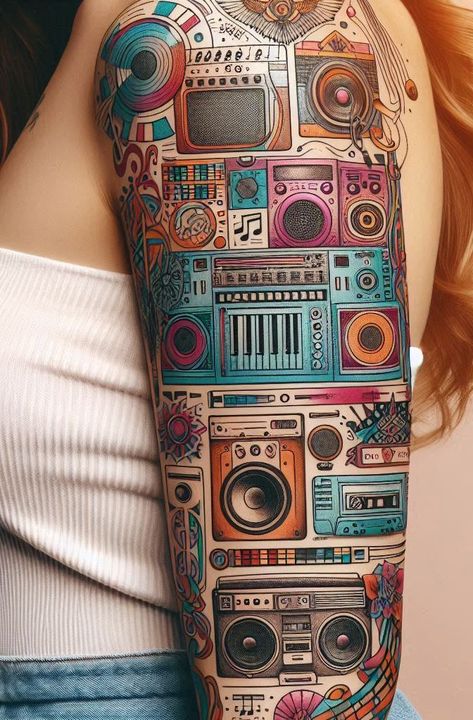 Ready to turn up the volume on your tattoo collection? Sound box themed tattoos are a dynamic way to showcase your love for music. Let every beat and rhythm echo through your ink. Volume Tattoo, Music Lover Tattoo Ideas, House Music Tattoo, Microphone Tattoo Design, Speaker Tattoo, Phonograph Tattoo, Music Themed Tattoos, Boombox Tattoo, Music Inspired Tattoos