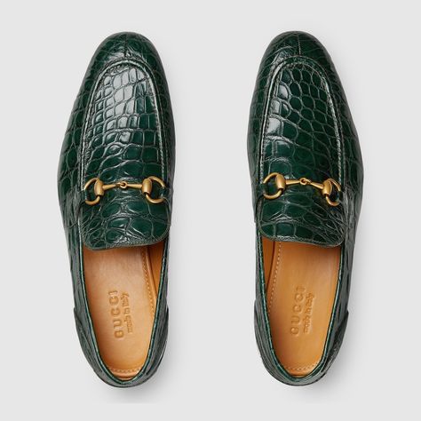 Shop the Men's Gucci Jordaan crocodile loafer in green at GUCCI.COM. Enjoy Free Shipping and Complimentary Gift Wrapping. Gucci Loafers Men, Green Loafers, Gucci Jordaan, Green Crocodile, Gucci Loafers, Formal Style, Gucci Men, Shoe Collection, Loafers Men