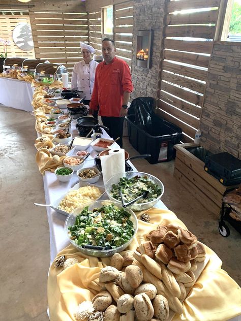 Pasta Station Ideas Food Bars, Pasta At A Wedding, Cooking Your Own Wedding Food, Pasta Bar Dinner Party, Buffet Setup Wedding, Spaghetti Bar For Wedding, Pasta Bars For Parties, Diy Wedding Dinner Ideas, Pasta Catering Wedding