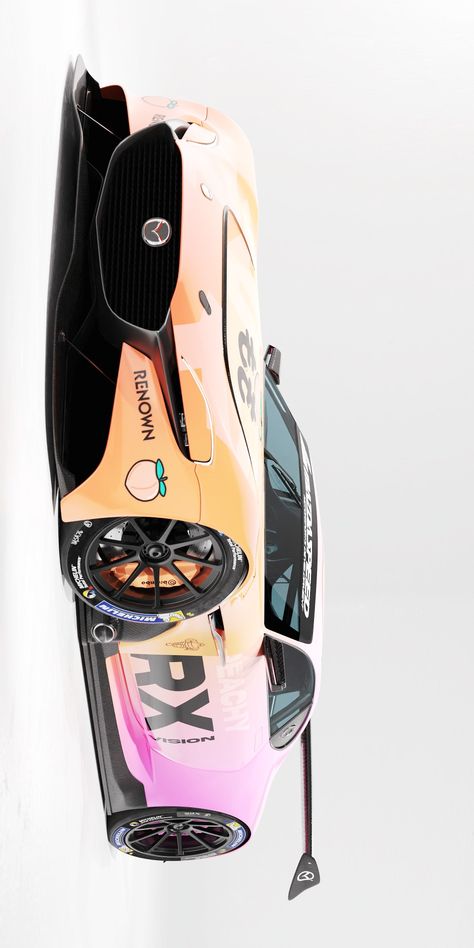 🤨°○ Mazda RX Vision GT3 in "Stay Peachy" Livery, by Rayan Benziane. Car Colours, Need For Speed Cars, Transportation Vehicles, Car Livery, Toyota Supra Mk4, Racing Car Design, Car Artwork, Concept Car Design, Tuner Cars