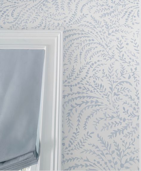 Blue Wainscoting With Wallpaper, Girls Room Wallpaper Blue, Blue Grandmillenial Wallpaper, Pale Blue Bedroom Wallpaper, Light Bathroom Wallpaper, Palmetto Wallpaper Serena And Lily, Coastal Floral Wallpaper, Blue Wallpaper Half Bath, White And Blue Wallpaper Bedroom