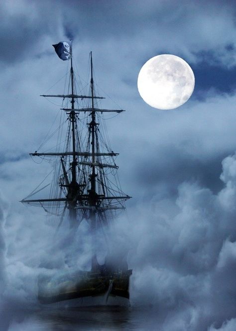 Pirate ship in fog. Easy, lads... Fog has ears. Shhh. Let no man move, no cutlass rattle. Swallow your cough, sneeze not - lest that be the last sound ye make on this earth.  Pirates! Navi A Vela, Old Sailing Ships, Ghost Ship, Pirate Life, Beautiful Moon, Tall Ships, Pirate Ship, In The Ocean, Pirates Of The Caribbean