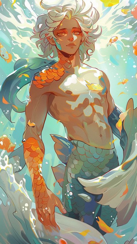 Merman Reference Pose, Mer Man Art, Merfolk Concept Art, Mermaid And Human Art, Mermaid And Human Poses, Merman Anatomy, Mermen Drawing, Mermaid Oc Design, Merman Drawing Reference