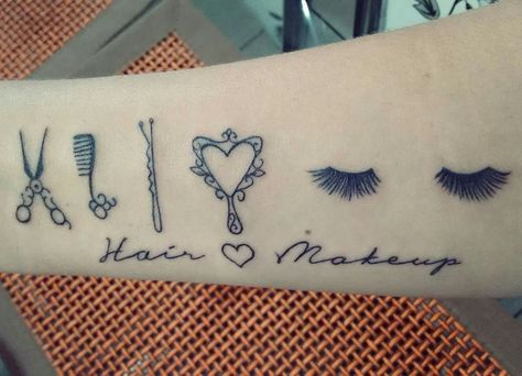 Makeup Tattoo Ideas, Bobby Pin Tattoo, Eyelashes Tattoo, Cosmetology Tattoos, Eyelash Tattoo, Makeup Artist Tattoo, Hairdresser Tattoos, Hairstylist Tattoos, Eye Lash Tattoo