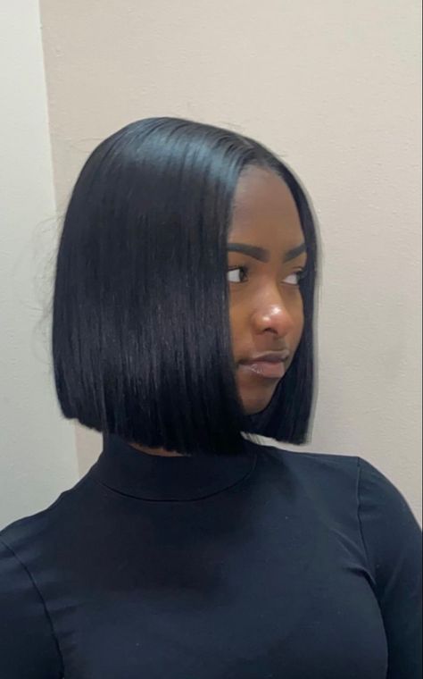 Sharp Bob Haircut Black Women, Sleek Bob Black Women, Jet Black Bob Black Women Natural Hair, Bob See In, Silk Press Natural Hair Short Bob Middle Part, Middle Part Bob Natural Hair, Jet Black Hair Bob, Middle Part Bobs For Black Women, Straight Bob Black Women