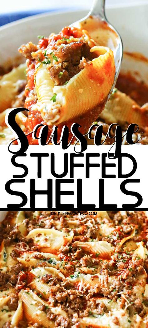 Loaded with spinach, garlic, sausage, ricotta & smothered in marinara sauce, these Stuffed Shells make a great easy family dinner idea that everyone loves. Stuffedshells Cheese, Meat Stuffed Shells, Italian Sausage Stuffed Shells, Sausage Ricotta, Sausage Stuffed Shells, Stuffed Shells With Meat, Easy Stuffed Shells, Sausage Marinara, Stuffed Shells Ricotta