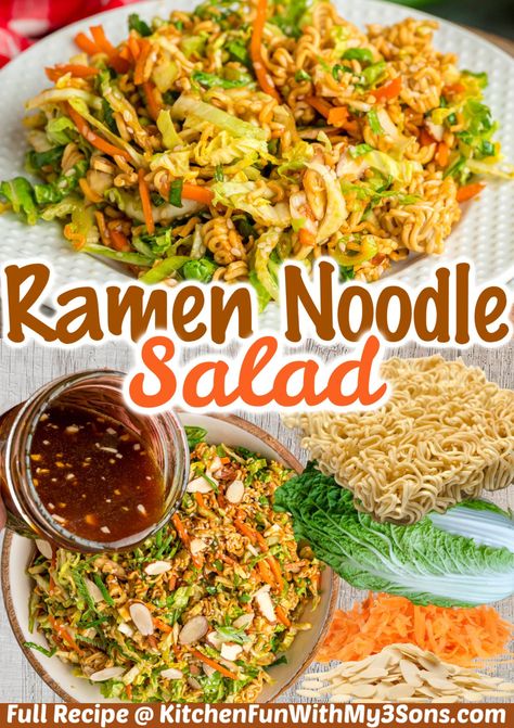 Basic packets of ramen noodles are repurposed into a crunchy Asian-inspired salad with ingredients like cabbage, carrots, and almonds, in this Ramen Noodle Salad recipe. Ready in 20 minutes! #saladrecipes #easylunchideas #ramennoodlerecipes Teriyaki Noodle Salad, Broccoli Ramen Slaw, Healthy Ramen Noodle Salad, Napa Cabbage Ramen Noodle Salad, Ramen Noodle Chicken Salad, Chinese Noodle Salad Ramen, Coleslaw Ramen Noodle Salad Easy, Crunchy Ramen Cabbage Salad, Asain Salad Recipes Ramen