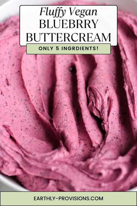 This Blueberry Buttercream Frosting is easy to make and has BIG blueberry flavor! You only need 15 minutes and 5 ingredients to make it and its light and fluffy and is delicious on cakes and cupcakes. And its vegan and gluten free! Vegan Frosting Recipe Easy, Blueberry Frosting Buttercream, Blueberry Buttercream Frosting, Gf Birthday, Blueberry Buttercream, Fluffy Icing, Dairy Free Buttercream, Vegan Buttercream Frosting, Blueberry Frosting