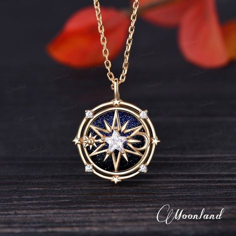 Gold Compass Necklace, Fantasy Pendant, Gold Necklace Pendant, Compass Jewelry, Blue Sandstone, Compass Necklace, Magical Jewelry, Celestial Jewelry, Moonstone Necklace