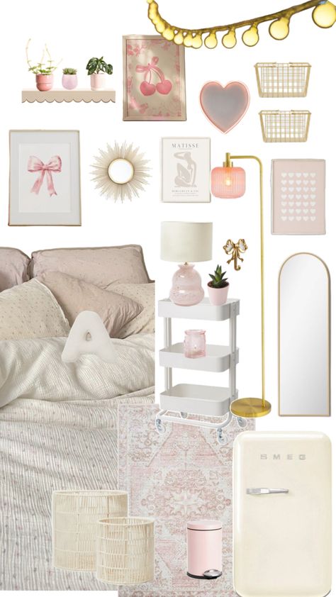 Pink Gold And White Bedroom Aesthetic, Light Pink Gold And White Bedroom Ideas, Light Pink Dorm Room Aesthetic, Pink White And Gold Bedroom, Pink Dorm Aesthetic, White Dorm Room, Dorm Aesthetic, Tanning Room, Pink Dorm Rooms