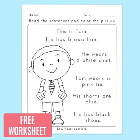 Free Read and Color Reading Comprehension Worksheet Read And Color Worksheets, Read And Color, Ingles Kids, Free Reading Comprehension Worksheets, 1st Grade Reading Worksheets, Worksheets For Grade 1, Reading Pictures, Reading Comprehension Kindergarten, Preschool Reading