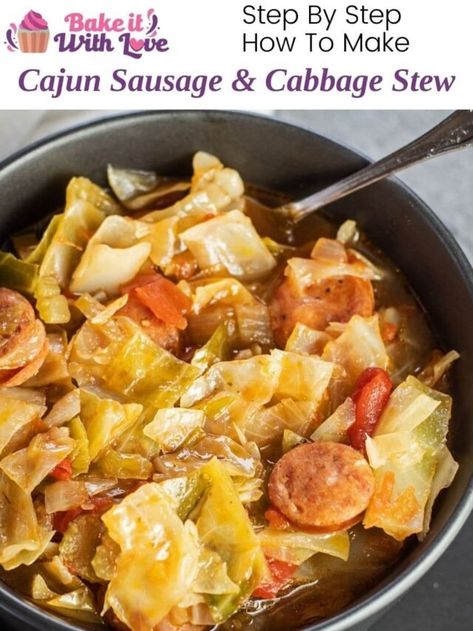 Cajun Cabbage Stew - Bake It With Love Cajun Cabbage, Cajun Recipes Easy, Fried Cabbage With Sausage, Fried Cabbage Recipes, Cabbage Stew, Cajun Sausage, Sausage Stew, Cabbage And Sausage, Cajun Dishes