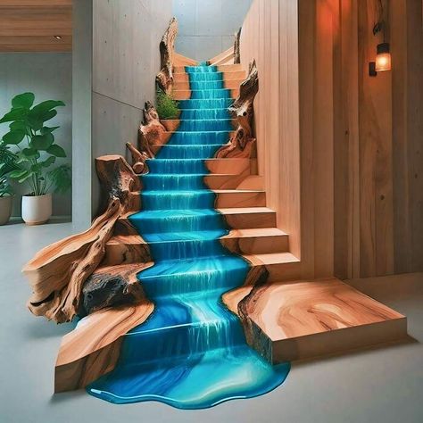 Stairs Indoor, Decoration Restaurant, Wood Staircase, Wood Designs, Resin Furniture, Epoxy Resin Art, Design Exterior, Staircase Design, Stairs Design