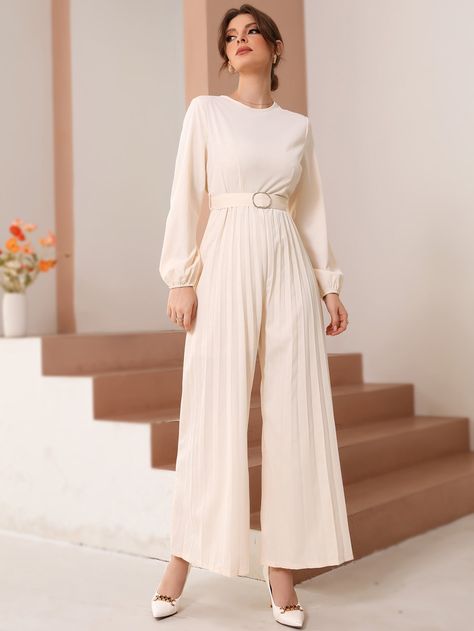 Beige Elegant  Long Sleeve Polyester Plain Culottes  Non-Stretch Spring/Fall Women Jumpsuits & Bodysuits Long Sleeve Jumpsuit Classy, Jumpsuits For Petite Women, Jumpsuit Hijab, Elegant Silk Dresses, Beige Jumpsuit, Estilo Hijab, Classy Jumpsuit, Modest Fashion Hijab, Belted Jumpsuit