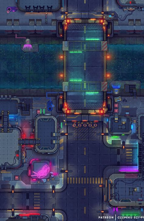 Here's our latest release! Cyberpunk Bridge! This can easily be used as a precursor to our Cyberpunk City Streets map or fit nicely alongside it too! Cyberpunk Bridge, Shadow Run, Broken Bridge, Ville Cyberpunk, Cyberpunk Games, Sci Fi Games, Cyberpunk Rpg, Dnd World Map, Dungeon Master's Guide