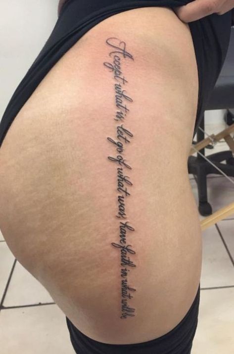 Tattoos Of Quotes For Women, Word Tattoo Down Side Of Leg, Scripture Sleeve Tattoos For Women, Lost And Found Tattoo, Tattoos Of Strength For Women, With Pain Comes Strength Tat, Rib Cage Tattoos For Women Quotes, Inspired Tattoos For Women, Behind The Thigh Tattoos For Women